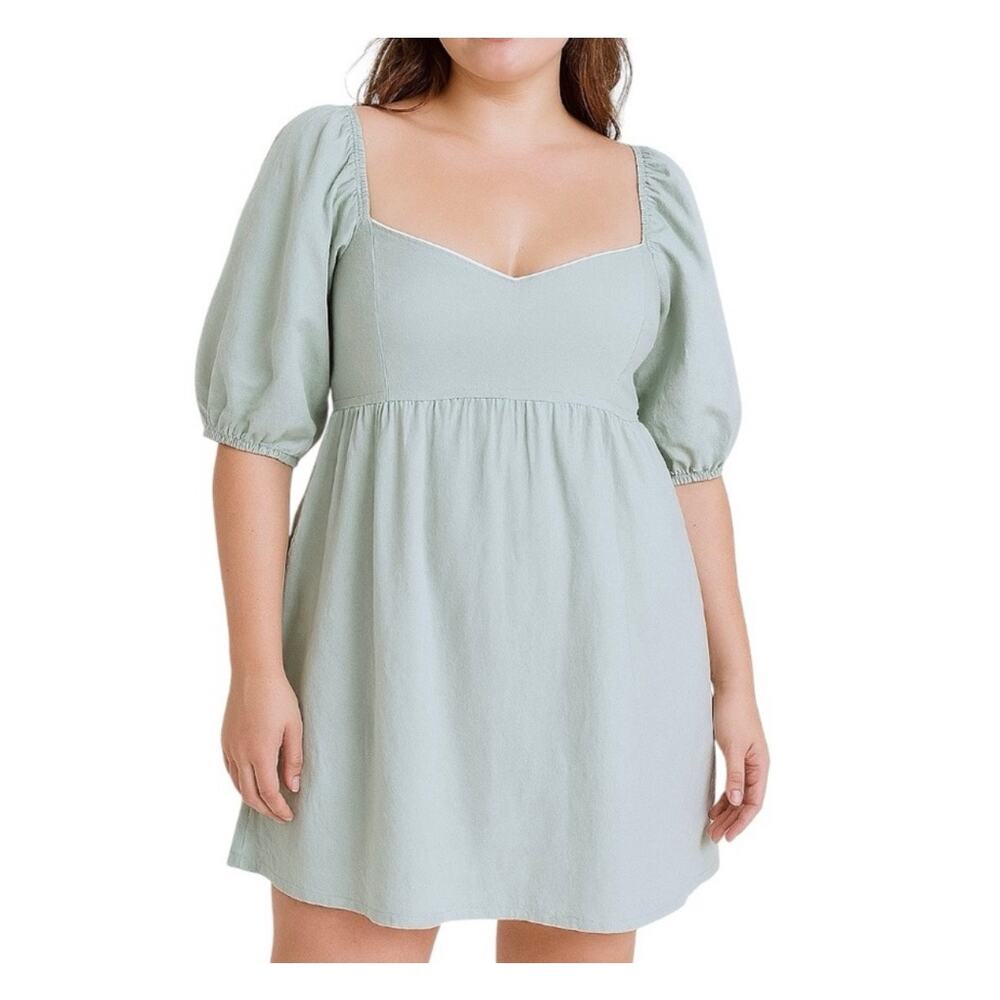 Altar'd State Mini Dress Womens XL Sage Puff Sleeve Open Back Cottagecore NWT